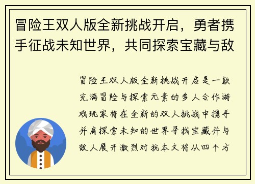 冒险王双人版全新挑战开启，勇者携手征战未知世界，共同探索宝藏与敌人