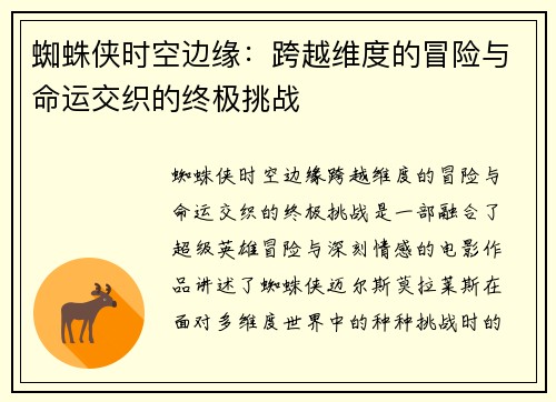 蜘蛛侠时空边缘：跨越维度的冒险与命运交织的终极挑战